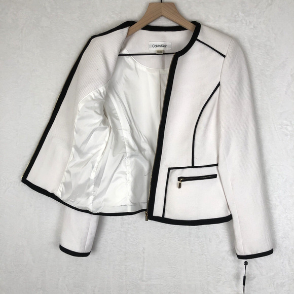 NWT TALBOTS Pique Jacket Sz 6P Petite White Black Piping Pockets Zip Career NEW - Picture 3 of 13